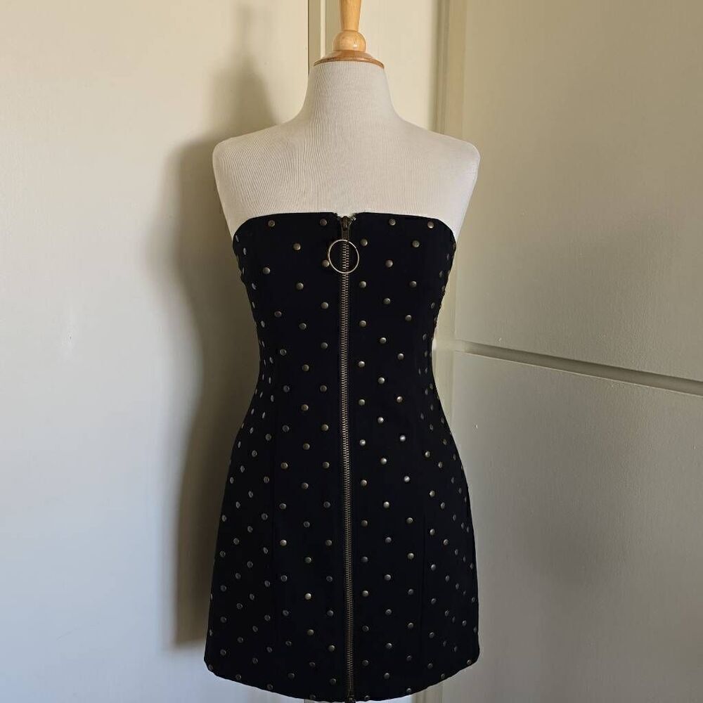 Vtg Betsey Johnson Womens Bodycon Dress Black Stretch Denim Studded Front Zip St